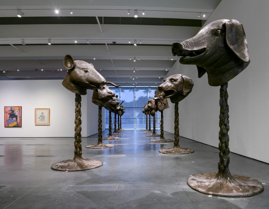 Installation view of “Legacies of Exchange: Chinese Contemporary Art from the Yuz Foundation” with Ai Weiwei's <em>Circle of Animals/Zodiac Head</em> at the Los Angeles County Museum of Art, 2021. Courtesy of LACMA.