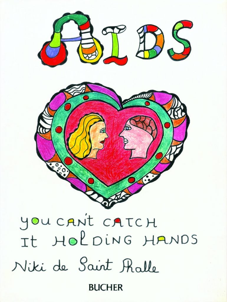 Niki de Saint Phalle.  AIDS blanket, you can't catch it holding your hand.  1986. Book;  published by Bucher.  Photo: FDOC Archives.  Â© 2021 Niki Charitable Art Foundation