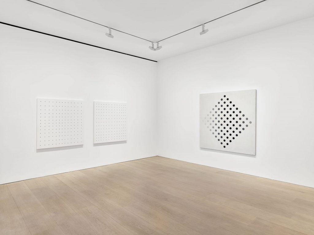 An installation view of Riley's exhibition "Past into Present" at David Zwirner in London. Photo courtesy David Zwirner.