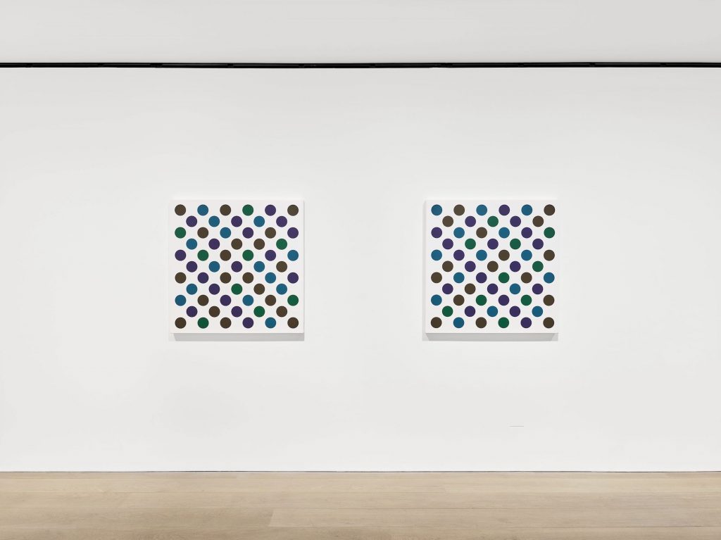 Installation view of Bridget Riley's "Measure for Measure Dark 2 and 3" (2019). Photo courtesy David Zwirner.