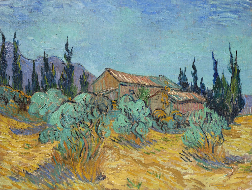 Vincent Van Gogh, Cabanes de bois parmi les oliviers et cyprès (1889). Image courtesy Christie's.