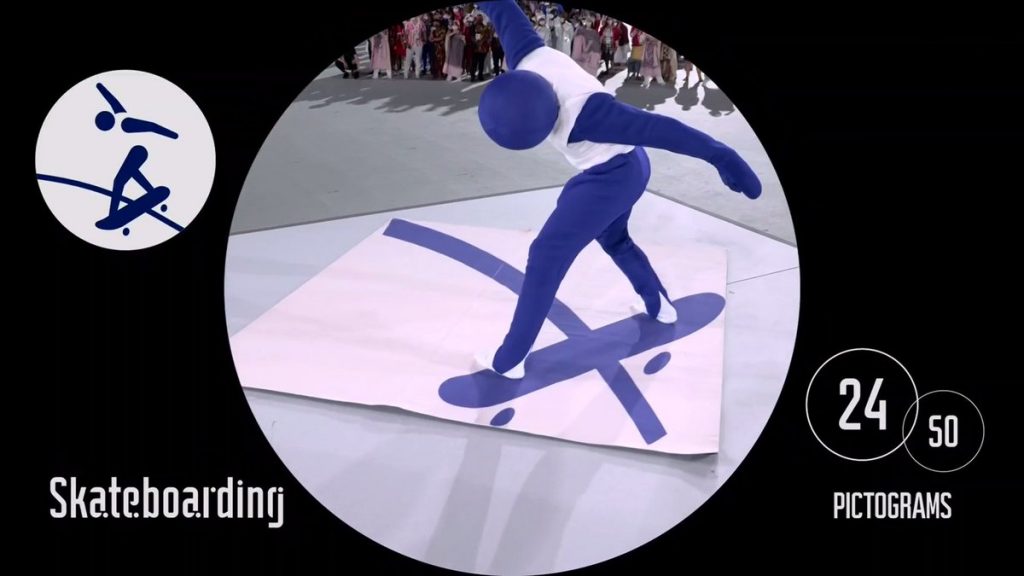 The skateboarding pictogram designed by graphic designer Masaaki Hiromura as acted out during the opening ceremonies. Photo courtesy of the International Olympic Committee.