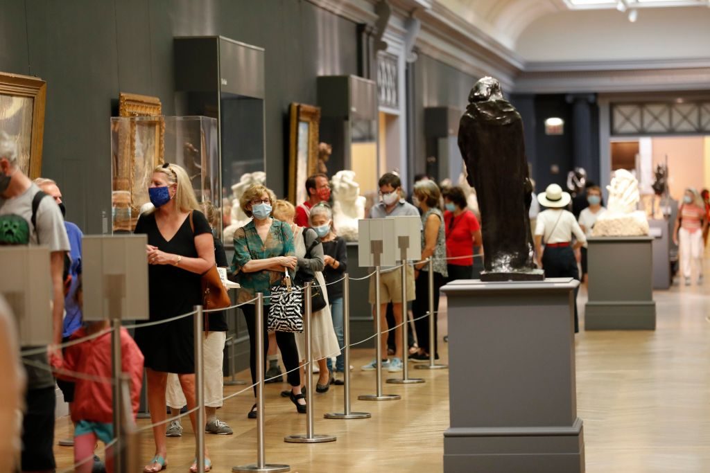 NEW YORK, NY - AUGUST 27: People wearing face masks visit The Metropolitan Museum of Art as it reopens to members after the pandemic closure, on August 27, 2020 in New York City, NY. (Photo by Liao Pan/China News Service via Getty Images)