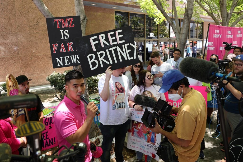 #FreeBritney activists protest at Los Angeles Grand Park during a conservatorship hearing for Britney Spears on June 23, 2021 in Los Angeles. (Photo by Rich Fury/Getty Images)