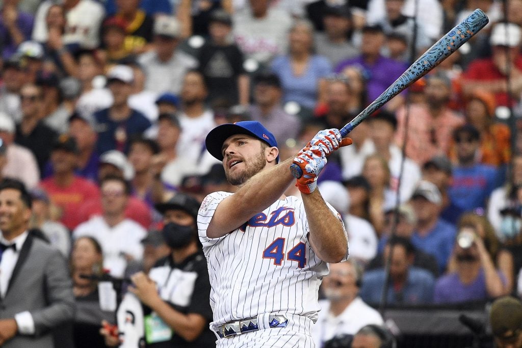 Pete Alonso of the New York Mets won the 2021 Home Run Derby at Coors Field in Denver, Colorado, using a bat designed by artist Gregory Siff. Photo by Dustin Bradford/Getty Images.