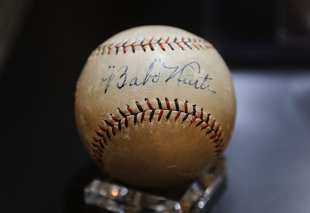 A baseball signed by Babe Ruth that was put up for auction in October 2016 at Christie's New York. (Photo by Spencer Platt/Getty Images)