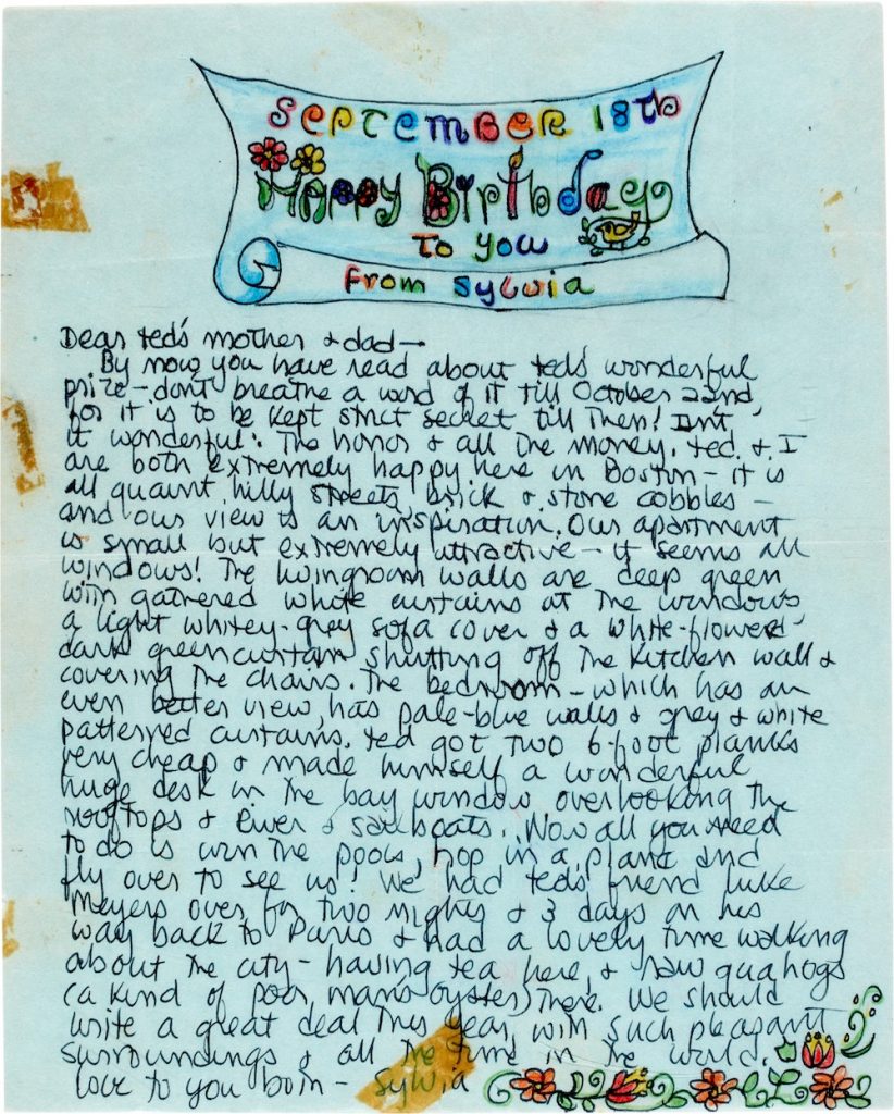 A letter Sylvia Plath wrote to Edith & WIlliam Hughes. Courtesy of Sotheby's.