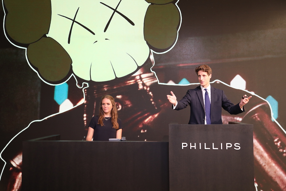 Auctioneer Henry Highley at the Phillips New Now sale in London, July 13, 2021. Image courtesy Phillips.