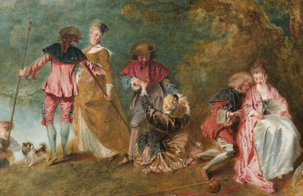 Detail of Jean-Antoine Watteau's <i>The Embarkation for Cythera</i> (1717). Collection of the Louvre, Paris.” srcset=”https://news.artnet.com/app/news-upload/2021/07/Screen-Shot-2021-07-16-at-3.53.01-PM-1024×663.png 1024w, https://news.artnet.com/app/news-upload/2021/07/Screen-Shot-2021-07-16-at-3.53.01-PM-300×194.png 300w, https://news.artnet.com/app/news-upload/2021/07/Screen-Shot-2021-07-16-at-3.53.01-PM-50×32.png 50w” width=”1024″ height=”663″></p>



<p>Detail of Jean-Antoine Watteau’s <em>The Embarkation for Cythera</em> (1717). Collection of the Louvre, Paris.</p>



<p><em>Embarkation to Cythera </em>came after years of procrastination on the part of Watteau. In some senses, he was <em>forced</em> to paint it.</p>



<p>Accepted to the Academy in 1712, Watteau was expected to mark the accolade by submitting a picture. Unlike most artists, the Academy allowed Watteau to pick any subject of his liking. But rather than set to work, Watteau spent the next five years completing numerous commissions that buoyed his growing reputation.</p>



<p>In January 1717, the Academy finally called the artist to task and demanded the work. That August, Watteau presented his splendid, if hastily wrought, <em>Embarkation to Cythera.</em> (He also made two more versions of the painting, one earlier in 1717, now in the collection of Städtische Galerie in Frankfurt, and another in 1719, which is on view at Schloss Charlottenburg in Berlin).</p>



<p>The painting delighted the Academy even as it defied its neat categorizations, forcing its trustees to invent a new classification to describe it: <em>fête galantes. </em>The genre features wealthy men and women in the most elegant of fashions, amorously canoodling in wooded parks. Later, it became synonymous with the Rococo. Yet despite the work’s positive reception, the painting failed to earn Watteau the most esteemed title, that of history painter.</p>



<h4><strong>Love Island, 18th-Century Edition</strong></h4>



<p><img loading=