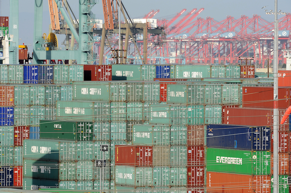 Containers stacked high at the Port of Los Angeles in San Pedro, California on May 12, 2010. AFP PHOTO / Robyn Beck (Photo credit should read ROBYN BECK/AFP via Getty Images)