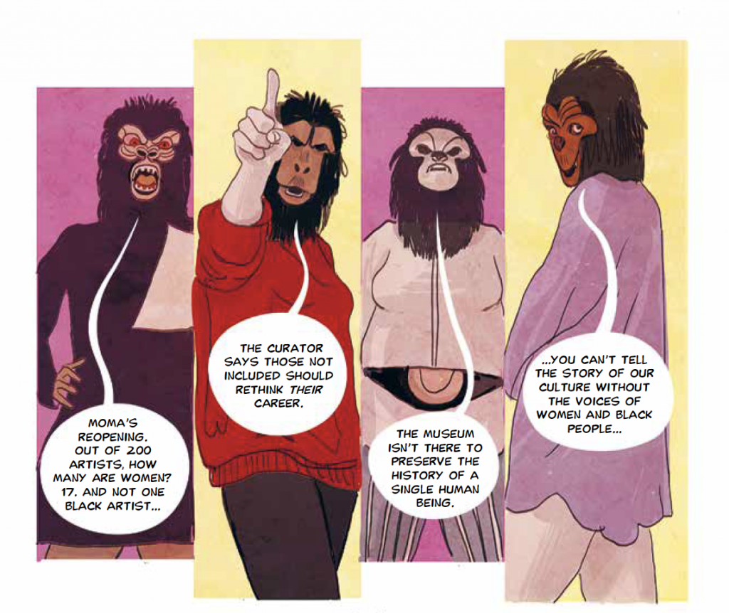 The Guerrilla Girls in The Women Who Changed Art Forever: Feminist Art: The Graphic Novel by Valentina Grande and illustrated by Eva Rossetti. Courtesy of Laurence King Publishing.