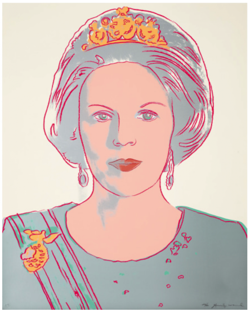 Andy Warhol, <em>Queen Beatrix of the Netherlands</em> (1985) from the series "Reigning Queens." Courtesy of N.53 Gallery. 