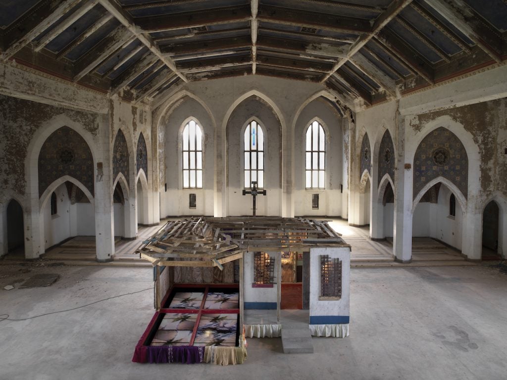 Akeem Smith, <em>Soursop</em> (2020). Installation view at JTG Detroit Project in the former Woods Cathedral, April 2021. Photo: Dario Lasagni. Courtesy of the art ist, New Canons, and Red Bull Arts.