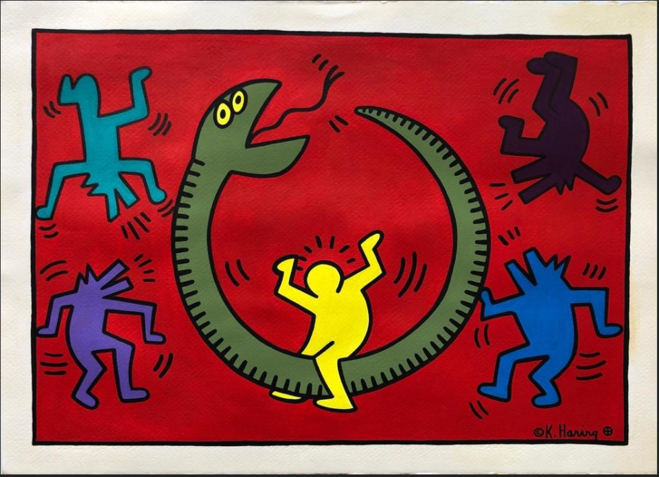 Angel Pereda has been arrested on a charge of wire fraud, accused of selling fake Keith Haring and Jean-Michel Basquiat works like this Haring forgery. Photo courtesy of the the Southern District of New York.