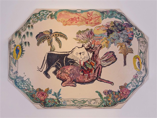Ken Gun Min, Green Plate (Lion and Deer-prayer for peace of mind) (2020). Courtesy of K Contemporary.