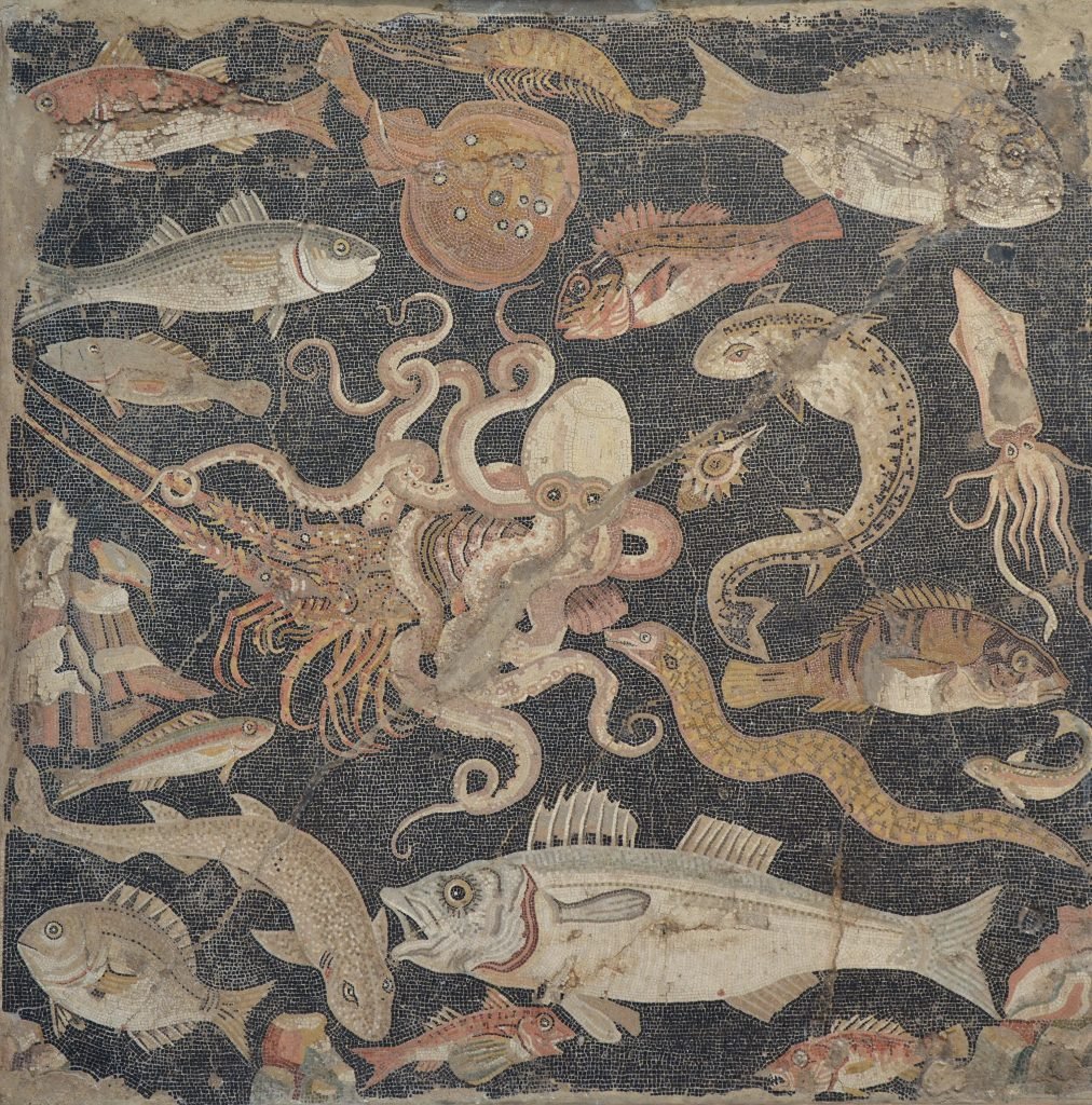 Polychrome mosaic panel with a marine scene, Roman, from Pompeii (100‒1 BC). Collection of the Museo Archeologico Nazionale di Napoli. Photo by Carole Raddato, courtesy of the Fine Arts Museums of San Francisco.
