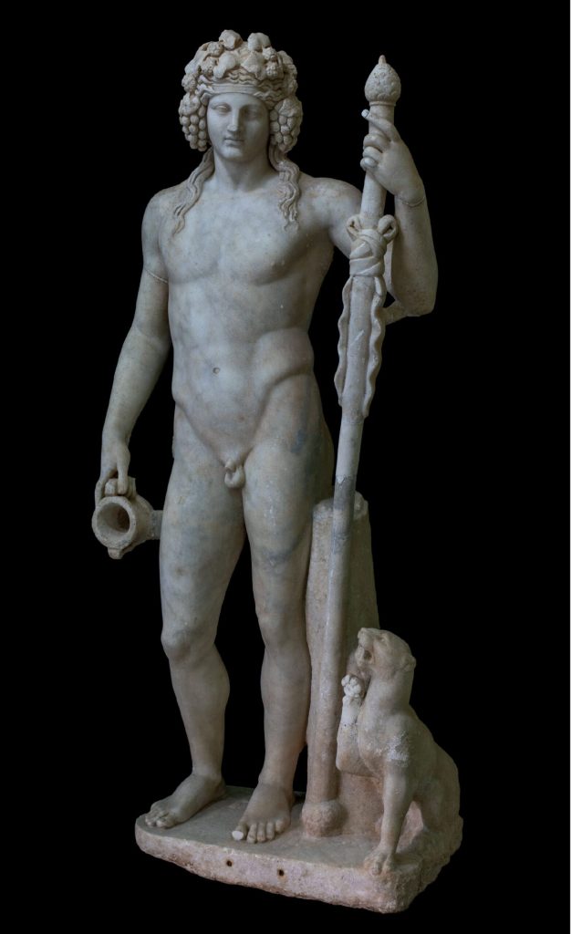 Marble statue of the god of wine, Bacchus, carrying a thyrsus (staff) with a pine cone at its tip, accompanied by his totem animal, the panther, (circa AD 1–100). Photo courtesy of the Museo Archeologico Nazionale di Napoli.