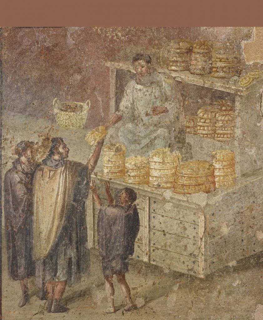 Fresco showing a man handing out bread, perhaps as a bribe for voters (AD 50–79). Photo courtesy of the Museo Archeologico Nazionale di Napoli.
