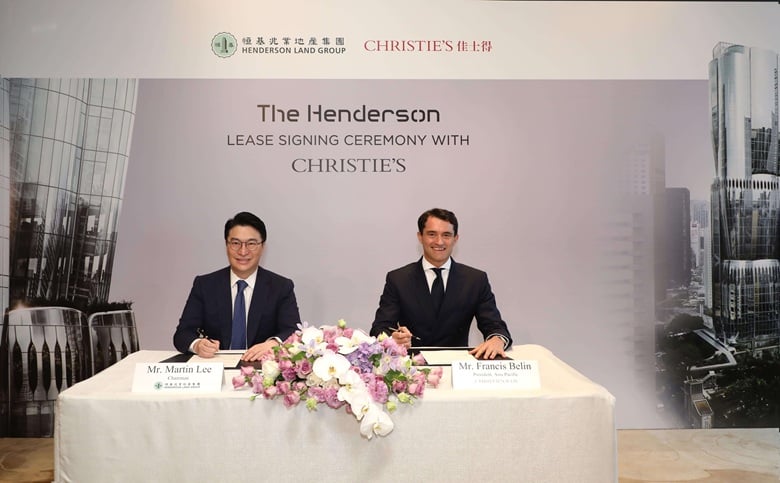 Martin Lee Ka-Shing, chairman of Henderson Land Group and Francis Belin, Christie’s president, Asia Pacific signed a tenancy agreement for the Henderson in Hong Kong. Photo courtesy of Christie's. 