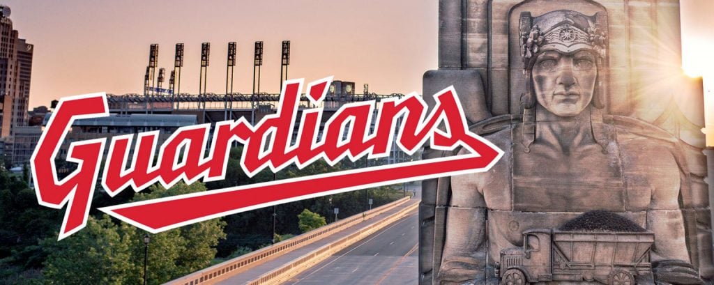 The logo for the renamed Cleveland Guardians, and one of the Guardians of Traffic statues that is the team's new namesake. Courtesy of Major League Baseball.