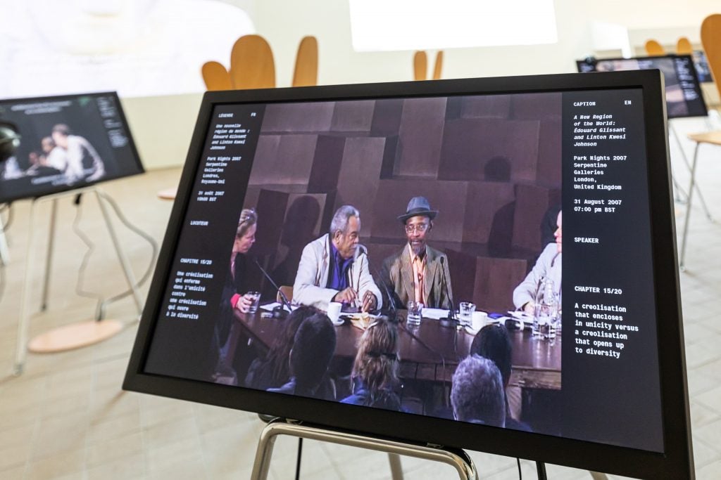 The exhibition at Luma Arles includes video stations featuring recorded conversations with Glissant. This still is from a conversation between Glissant and Linton Kwesi Johnson. Photo: Adrian Deweerdt