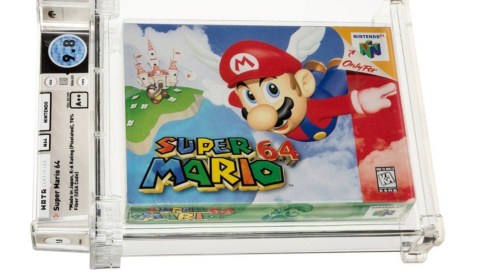 A pristine copy of the 1996 game <em>Nintendo Mario 64</em> set a video game auction record with a $1.56 million sale at Heritage Auctions in July 2021. Photo courtesy of Heritage Auctions.