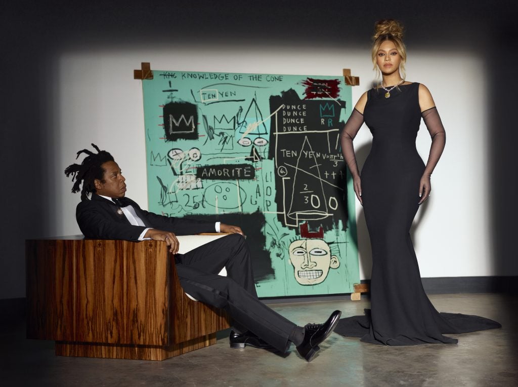 Beyoncé and Jay-Z with Jean-Michel Basquiat's Equals pi (1982) for the Tiffany & Co. fall 2021 About Love campaign. Photo by Mason Poole.