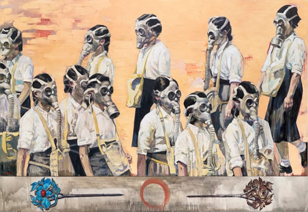 Hung Liu, Douze épingles à cheveux de Jinling (2011).  La peinture était basée sur une photographie de la Seconde Guerre mondiale.  ©Hung Liu.