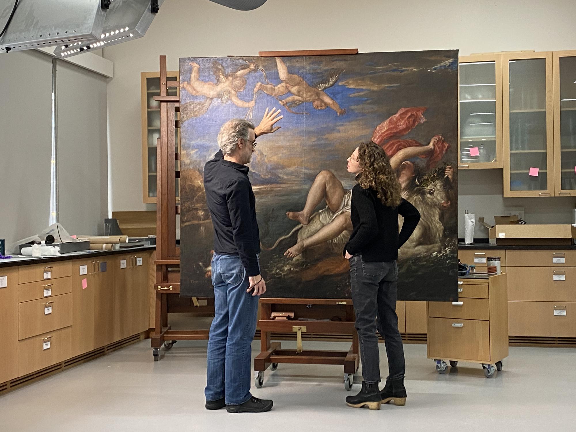 Patrick Kelley and Mary Reid Kelley with Titian's The Rape of Europa. Courtesy of the Gardner Museum.