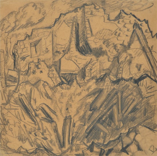 Otto Dix, Grenade Crater in a House (1916). Courtesy of Egan and Rosen, New York.