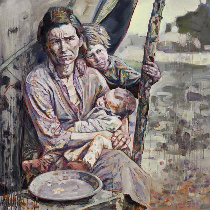 Hung Liu, <em>Migrant Mother: Mealtime</em> (2016), based on a Depression-era photograph by Dorothea Lange. Collection of Michael Klein, ©Hung Liu.