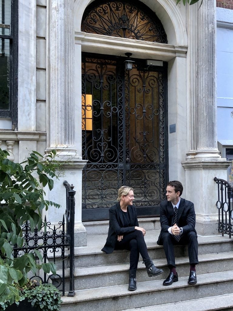 Meredith Rosen and Mike Egan, founders of Egan and Rosen, on the steps of the gallery's home on 78th Street. Photo by Lola Kramer. Courtesy of Egan and Rosen, New York.