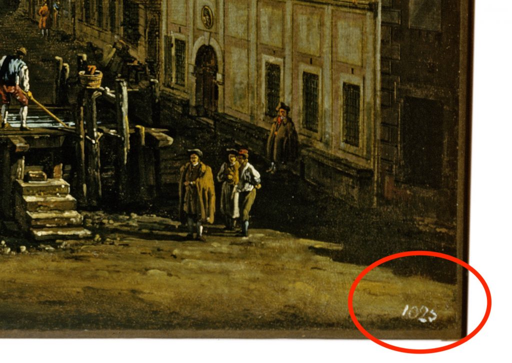 An inventory number from Gottfried Winckler can be seen on the corner of Bernardo Bellotto's The Marketplace at Pirna (ca. 1764). Collection of the Museum of Fine Arts, Houston. This number can be seen faintly in historic photographs of the work, proving this is the same version of the work sold by Max Emden.