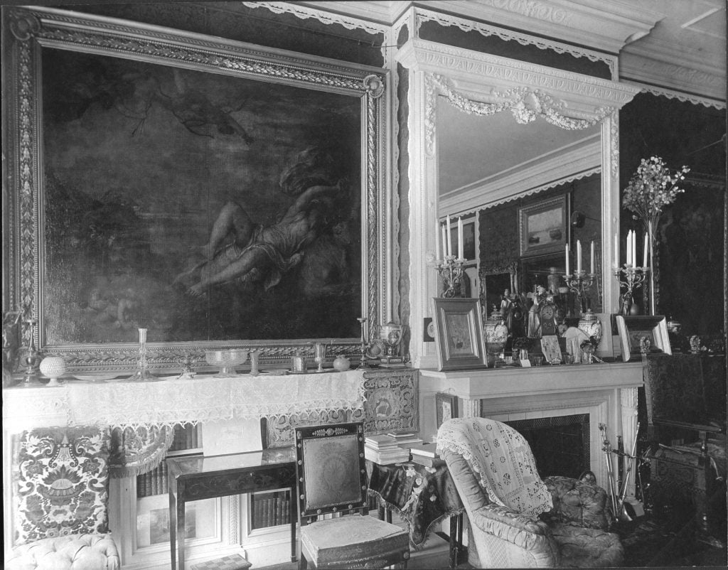 Titian's Rape of Europa hanging in the Red Drawing Room at Isabella Stewart Gardner's Boston home, now a museum, in 1900. Photo by Thomas E. Marr.