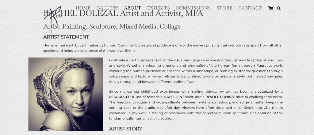 A screen shot of Rachel Dolezal's art website.