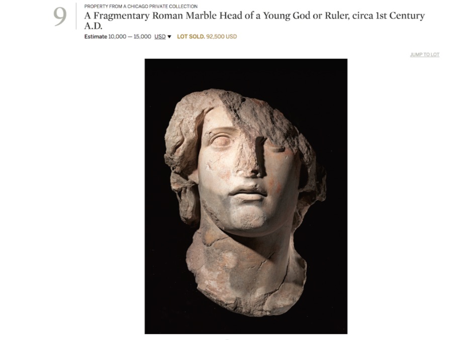 Screenshot of results for A Fragmentary Roman Marble Head of a Young God or Ruler, circa 1st Century A.D. from the Sotheby's website.