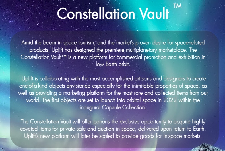 Screenshot of promotional text for Uplift Aerospace's Constellation Vault.