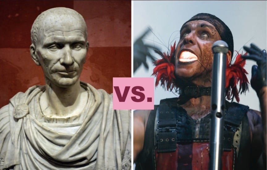 Left: Portrait of Julius Cesar, 16th century Italian, The State Hermitage Museum, Saint Petersburg. (Photo by: PHAS/Universal Images Group via Getty Images); Right: Till Lindemann, vocalist of the German industrial metal band Rammstein, performs at the Palacio de los Deportes on December 7, 2010 in Mexico City. (Photo by Edgar Negrete/Clasos.com/LatinContent via Getty Images)