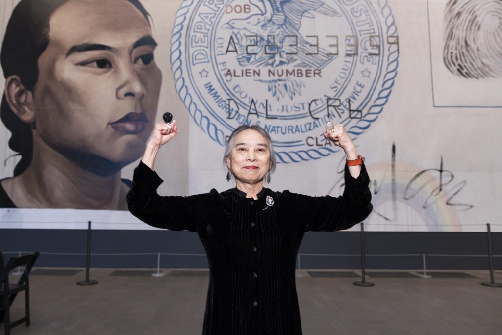Hung Liu at the opening of "Hung Liu: Golden Gate (金門)" July 14, 2021, at the de Young Museum in San Francisco. Photo by Drew Altizer, courtesy of the Fine Arts Museums of San Francisco.