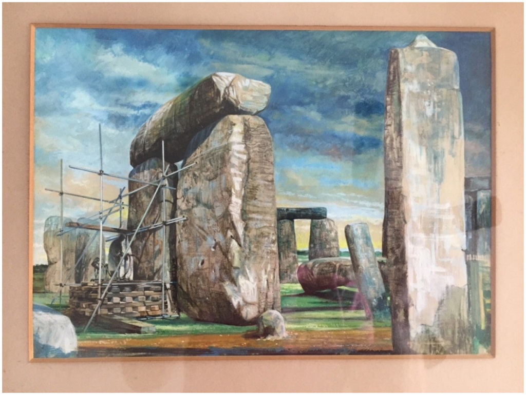 L.M. Van Moppes (Diamond Tools) Ltd., depiction of coring operations on Stone 58 of Stonehenge in 1958. Courtesy of Lewis Phillips, Creative Commons Attribution-Share Alike 4.0 license.