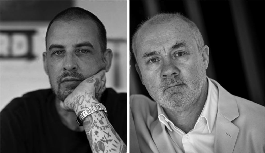 Artist Wes Lang, photo courtesy of Almine Rech; and Damien Hirst, photo: stephane de Sakutin/AFP via Getty Images.