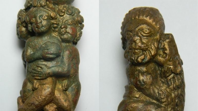 Detail of an elaborately-decorated Roman bronze key handle portraying the execution of captives in the arena by throwing them to lions discovered in Leicester. Photo courtesy of University of Leicester Archaeological Services.