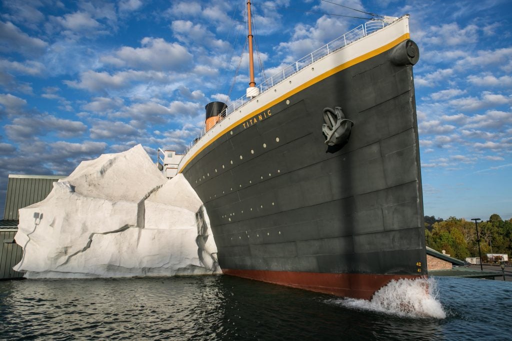 A half-scale replica of the Titanic hitting an iceberg is a main feature of the Titanic Museum as viewed on October 18, 2016 in Pigeon Forge, Tennessee. (Photo by George Rose/Getty Images)