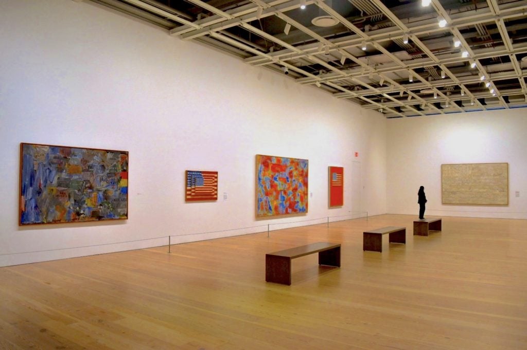 Installation view of the "Flags and Maps" gallery in "Jasper Johns: Mind/Mirror" at the Whitney. Photo by Ben Davis