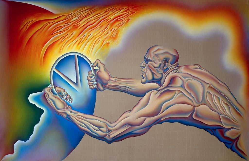 Judy Chicago, <em>Driving the World to Destruction</em>, "PowerPlay" (1985). Courtesy of the artist; Salon 94, New York; and Jessica Silverman, San Francisco. ©Judy Chicago/Artists Rights Society (ARS), New York. Photograph ©Donald Woodman/ARS, NY, courtesy of the Fine Arts Museums of San Francisco.