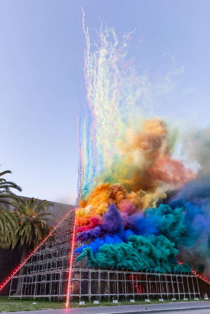 Judy Chicago, <em>Forever de Young</em>. The smoke Sculpture was commissioned by the de Young Museum, San Francisco, as part of the artist's retrospective. Photo by Scott Strazzante for Drew Altizer Photography, courtesy of the Fine Arts Museum of San Francisco. 