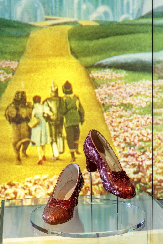 Ruby slippers worn by Judy Garland in The Wizard of Oz (1936) in "The Art of Moviemaking Gallery, Stories of Cinema 2." Photo: Joshua White, JWPictures/ Academy Museum Foundation.
