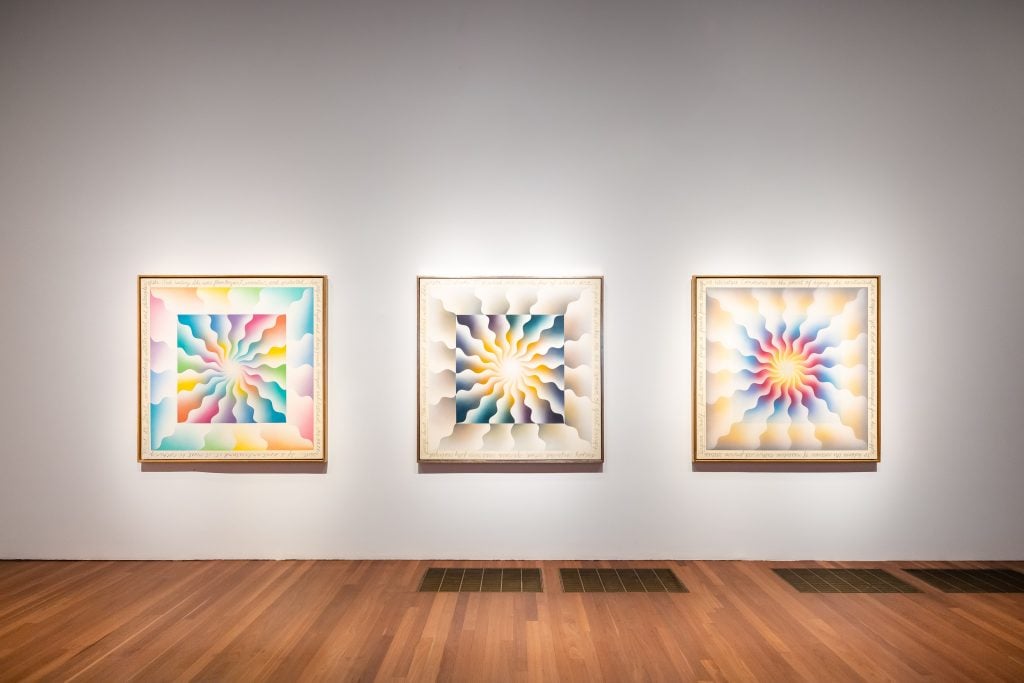 Judy Chicago, "Great Ladies" paintings (1970–74) in her retrospective at the de Young Museum, San Francisco. Photo by Gary Sexton, courtesy the de Young Museum, San Francisco.