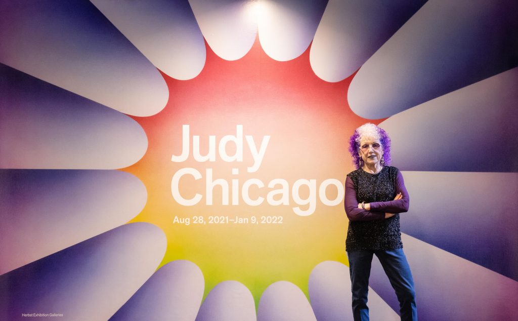 Judy Chicago at her retrospective at the de Young Museum, San Francisco. Photo by Gary Sexton, courtesy the de Young Museum, San Francisco.