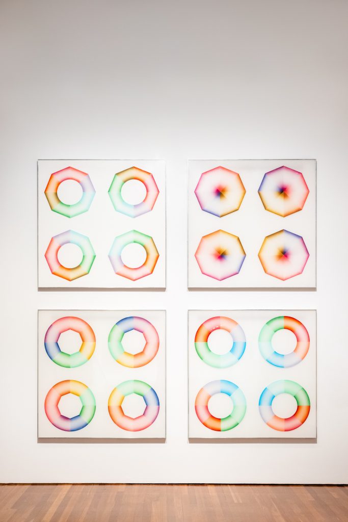 Judy Chicago, "Pasadena Lifesavers" paintings (1969–70) in her retrospective at the de Young Museum, San Francisco. Photo by Gary Sexton, courtesy the de Young Museum, San Francisco.